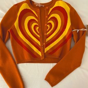 New Retro and Trendy Orange Heart Stripe Knit Cardigan